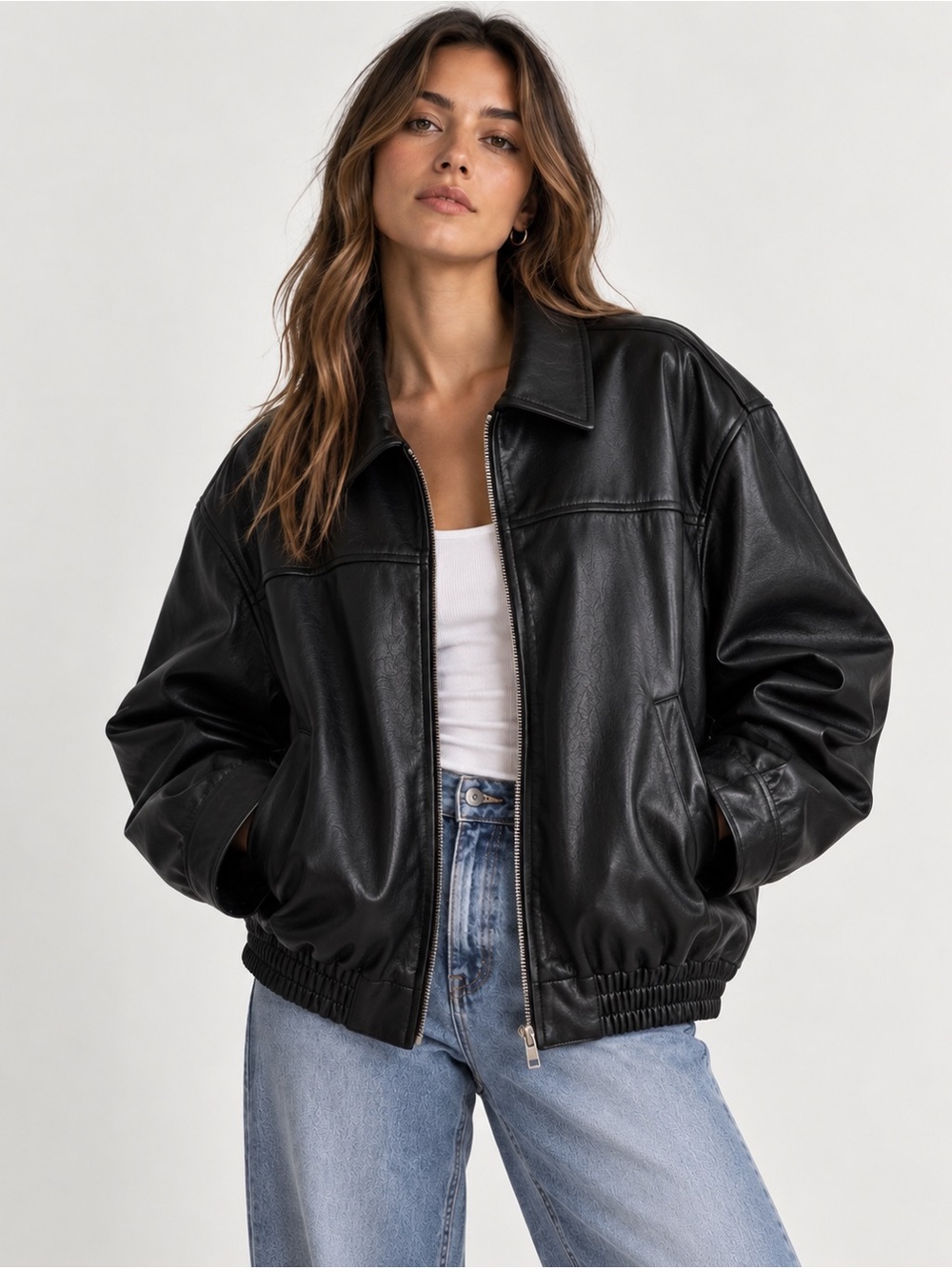 ZARA Black Faux Leather Bomber Jacket Zip Front Oversized w/ Pockets - Women’s S